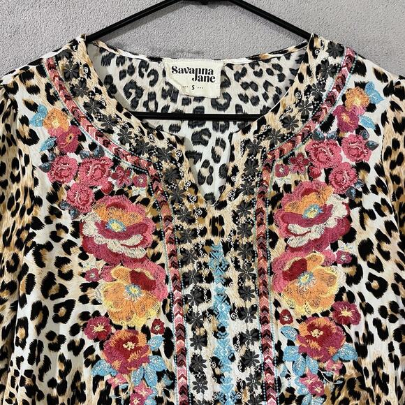 SAVANNA JANE Embroidered Top Ruffled Sleeve Size S Boho Hippie Festival Retro - Picture 2 of 8